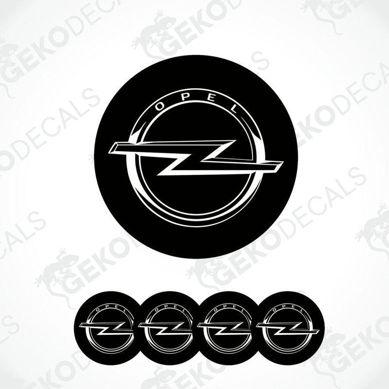 A set of four black vinyl stickers with the OPEL brand logo designed for use on car wheels.