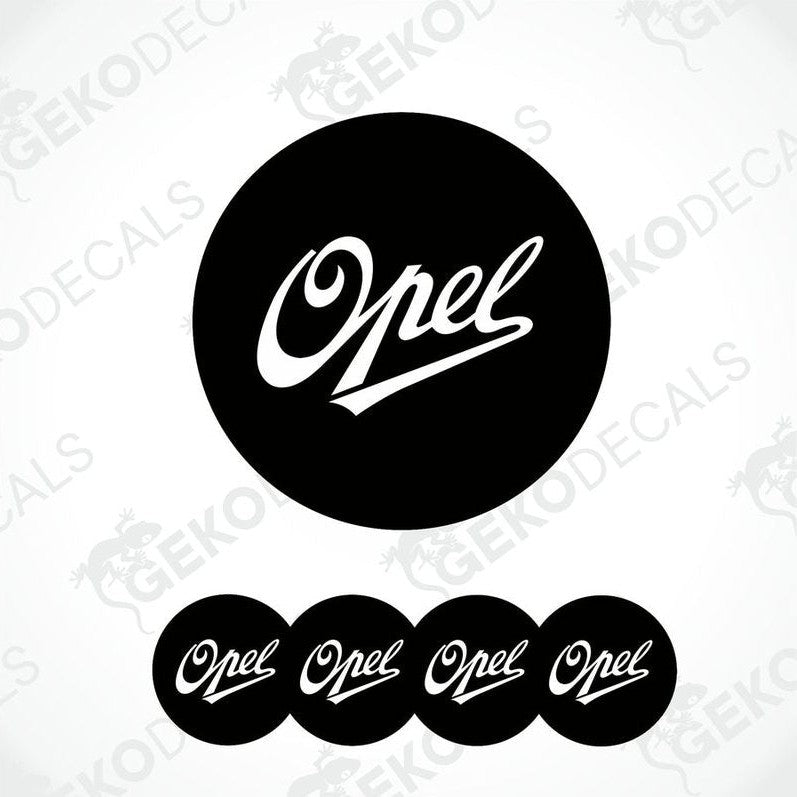 A set of four black vinyl stickers with the word 'OPEL' printed on them, arranged in a dome shape with a GeckoDecals logo at the bottom.