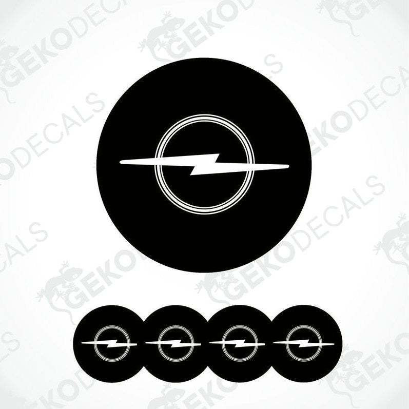 A set of four black and white vinyl decals with the Opel logo.