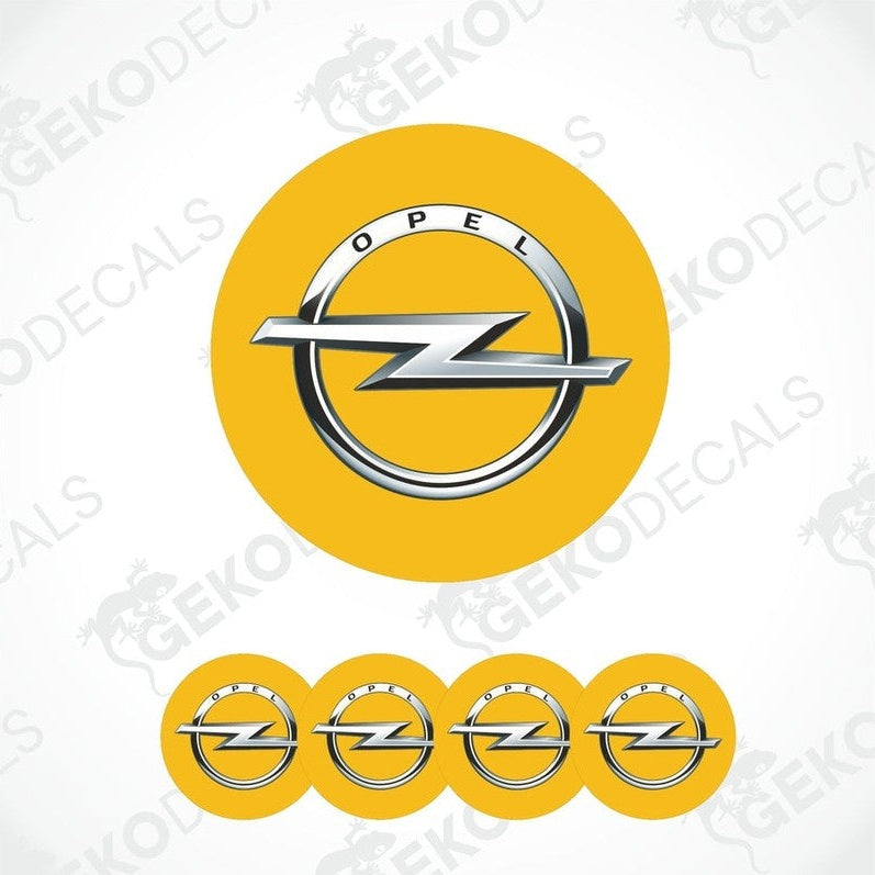 A set of four yellow vinyl stickers with a silver OPEL logo, designed for use as car decals.