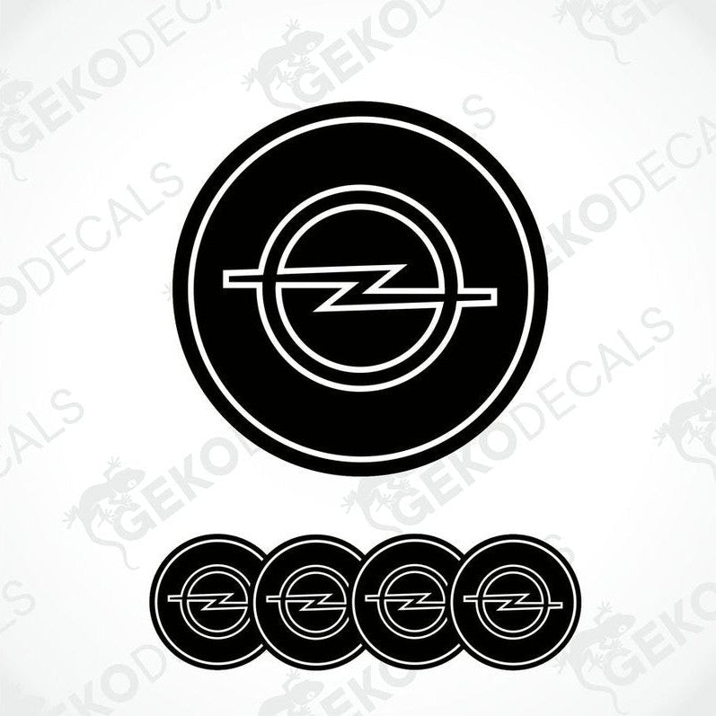 A set of four black and white vinyl decals with the Opel logo.