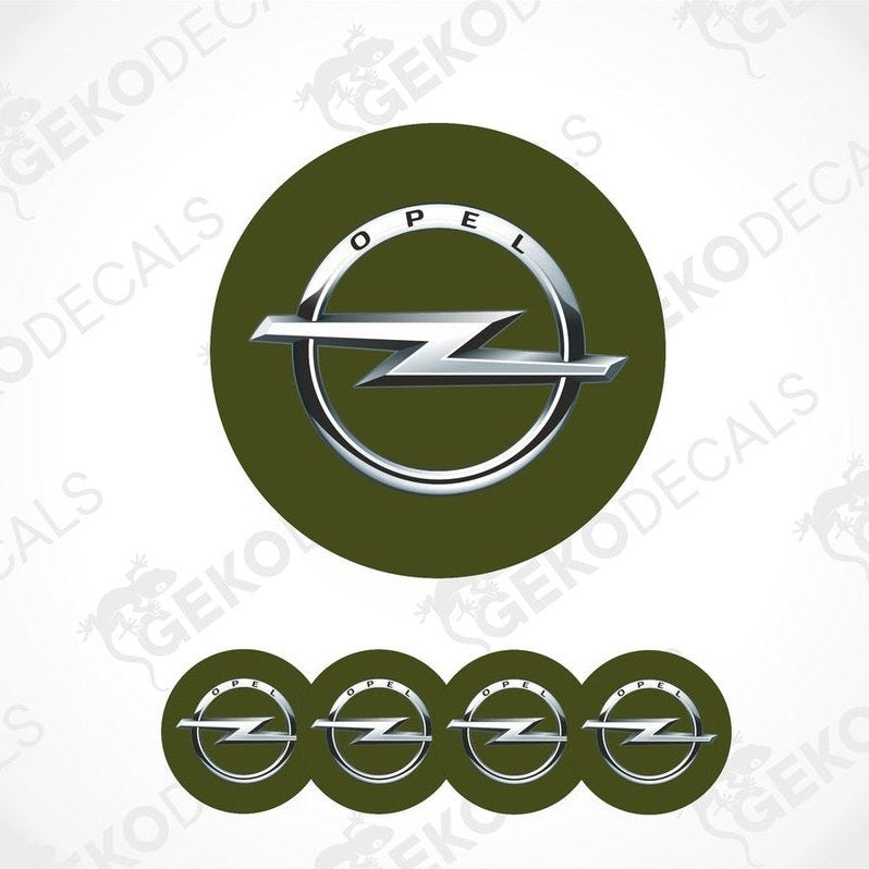 A set of four green vinyl stickers with a silver OPEL logo, designed for use as car decals.