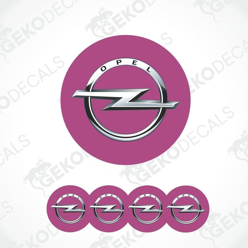 A set of four pink vinyl stickers with a silver OPEL logo, designed for use as car decals.