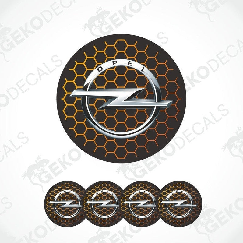 A set of four orange and silver OPEL branded vinyl stickers for car decals, displayed with a honeycomb pattern design.