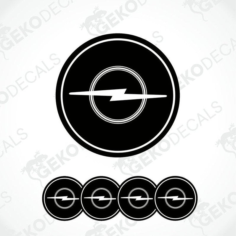 A set of four black vinyl decals with a white lightning bolt design, branded for Opel, displayed on a white background.