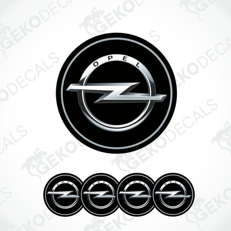 A set of four black vinyl stickers with a silver OPEL logo, designed for use as car decals.