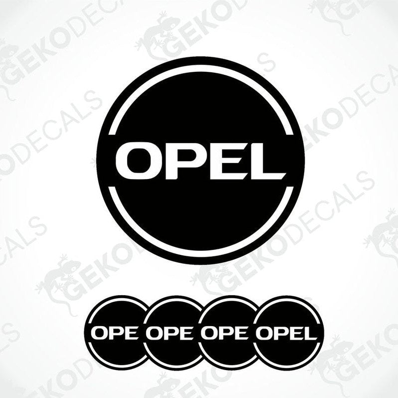 A set of four black, white, and gray vinyl stickers with the OPEL brand logo.
