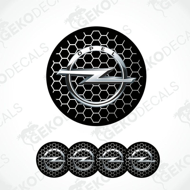 A set of four white and silver OPEL branded vinyl stickers for car decals, displayed with a honeycomb pattern design.