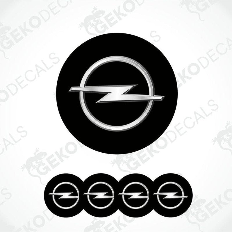 A set of black and silver OPEL brand vinyl decals with a polyurethane coating, including one larger decal and four smaller ones arranged in a row.