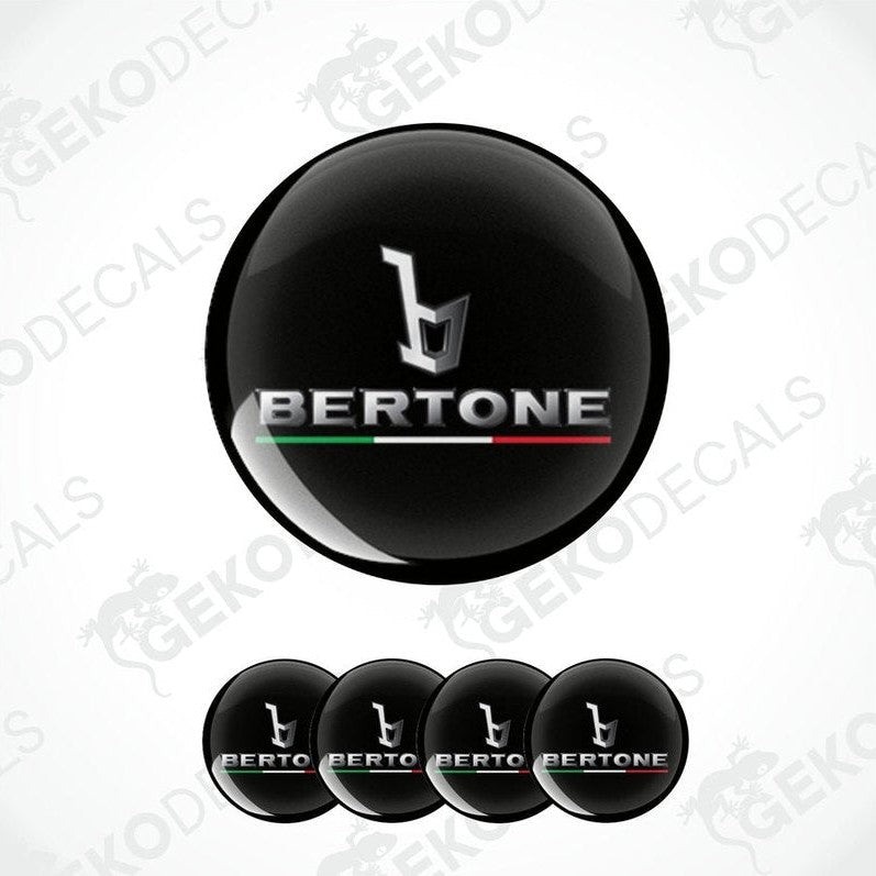 A set of four black vinyl stickers with the bertone brand logo in red, green, and white colors.