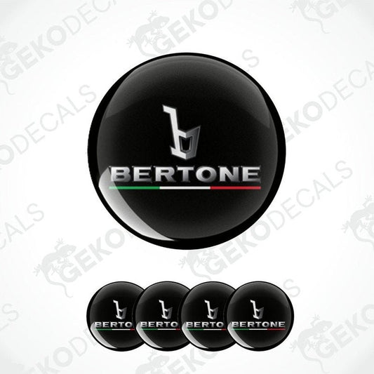 A set of four black vinyl stickers with the bertone brand logo in red, green, and white colors.