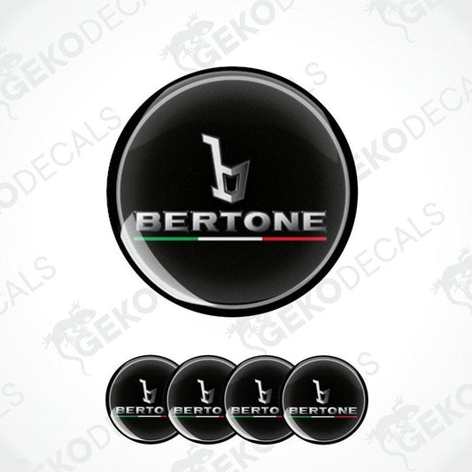 A set of round car decals featuring the Bertone logo with a black background, silver text, and red, green, and white stripes.
