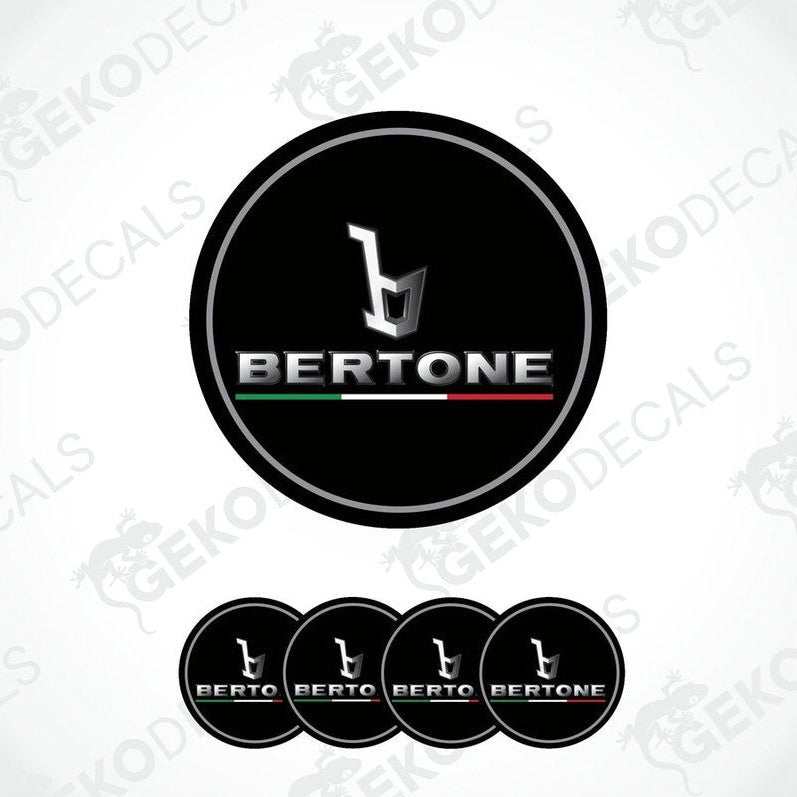 A set of four black vinyl stickers with the bertone brand logo in red, green, and white colors.