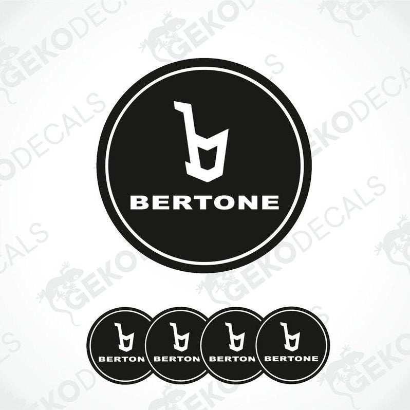 A set of black vinyl decals with the Bertone logo applied on them, displayed against a white background.