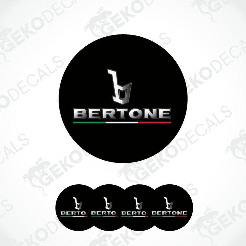 A set of four black vinyl stickers with the bertone brand logo in red, green, and white colors.