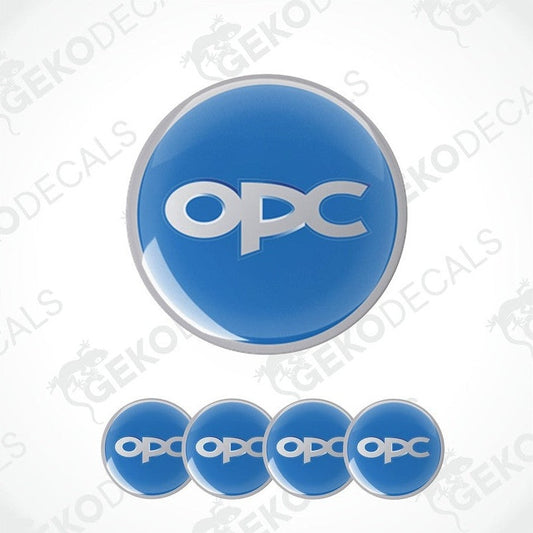 A set of four blue vinyl stickers with the text 'OPEL OPC' in the center, designed for use on vehicle wheels.