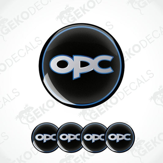 A set of four round car decals with the OPEL OPC logo in black, blue, and white colors.