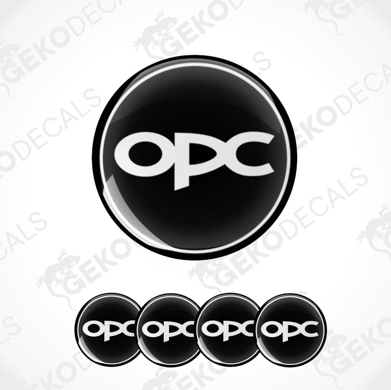 A set of four black vinyl stickers with the white text 'OPEL OPC' designed on them
