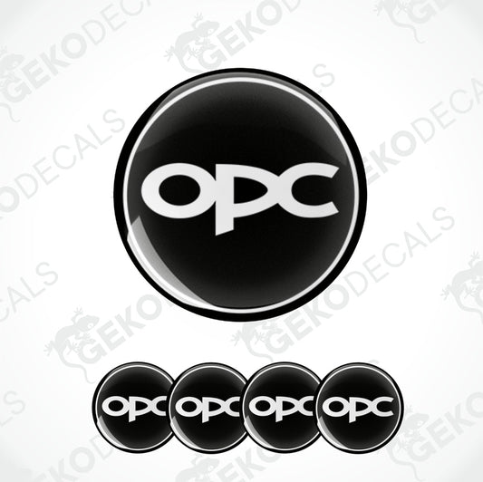 A set of four black vinyl stickers with the white text 'OPEL OPC' designed on them