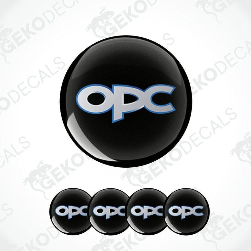 A set of four round car decals with the OPEL OPC logo in black, blue, and white colors.