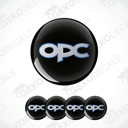 A set of four round car decals with the OPEL OPC logo in black, blue, and white colors.