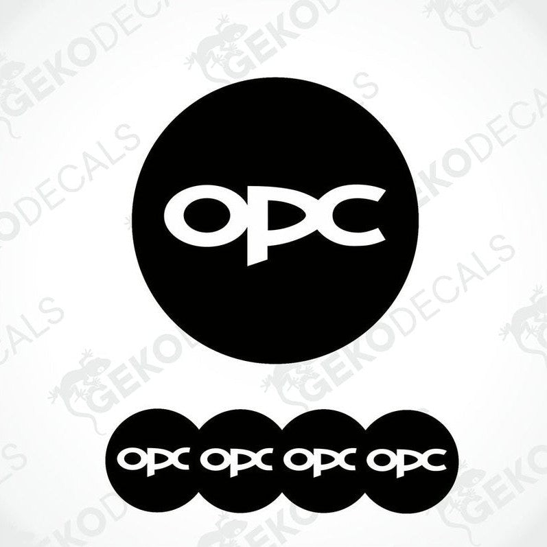 A set of four black vinyl stickers with the white text 'OPEL OPC' designed on them