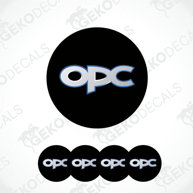 A set of four round car decals with the OPEL OPC logo in black, blue, and white colors.