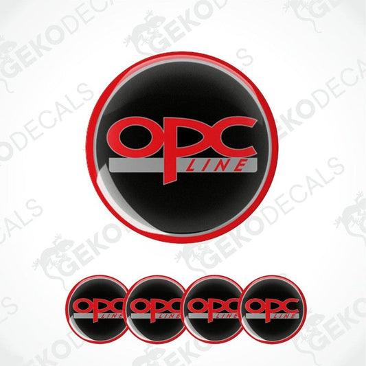 A set of four red, white, and black vinyl stickers with the 'OPC LINE' branding.