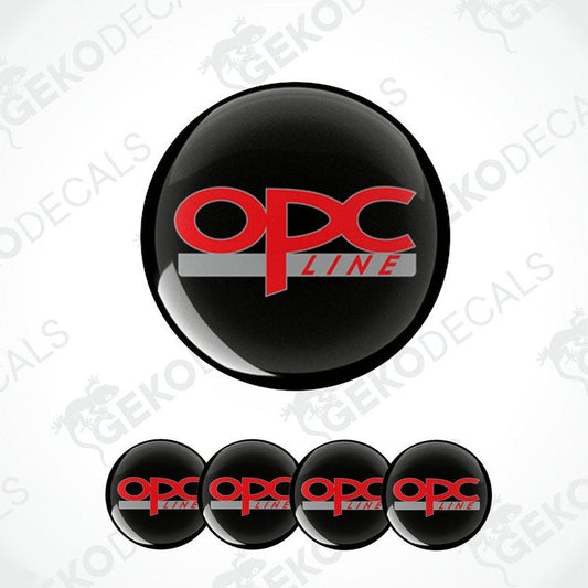 A set of four black vinyl stickers with a red and white 'OPEL OPC LINE' logo design.