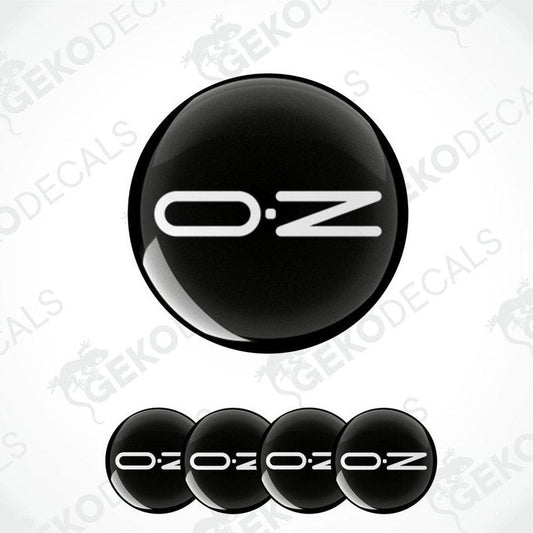 A set of four black vinyl stickers with the word 'OZ' in white.