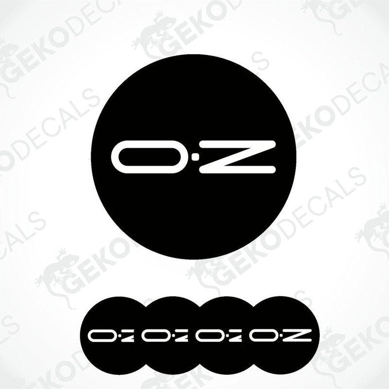A set of four black vinyl stickers with the word 'OZ' in white.