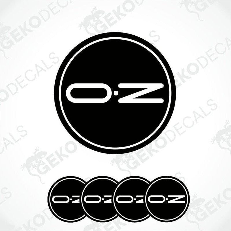 A set of black vinyl decals with the brand name 'OZ' on them, typically used as car wheel caps.