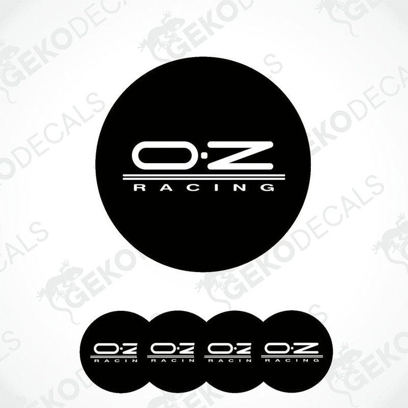 A set of black vinyl decals with the 'OZ Racing' logo applied on them, typically used for car customization.