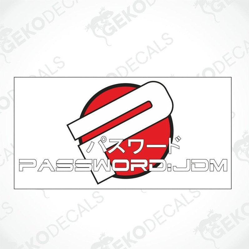 A white vehicle decal with a red and black 'PASSWORD JDM' text and graphic design.