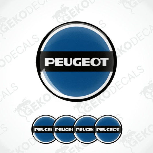 A set of four blue and white vinyl stickers with the Peugeot brand logo.