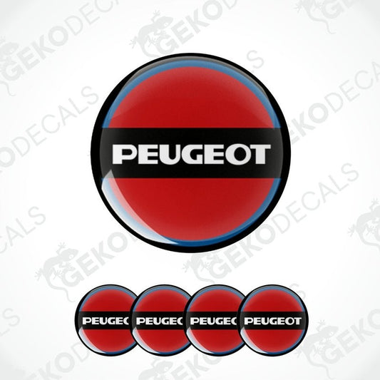 A set of four red, white, and blue vinyl stickers with the Peugeot brand logo on them.