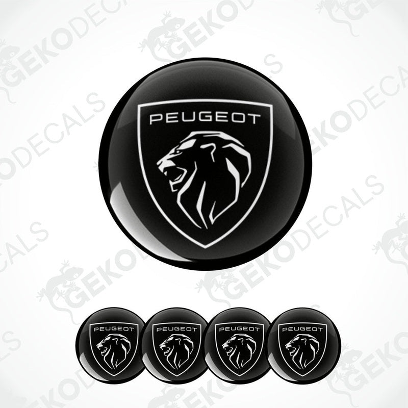 A set of four black vinyl stickers with the PEUGEOT brand logo.