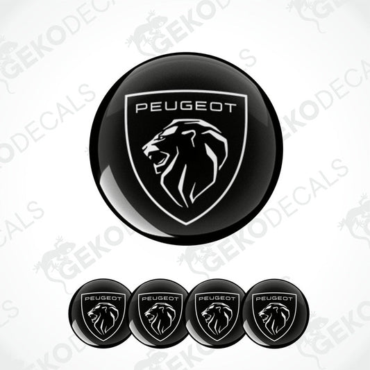 A set of four black vinyl stickers with the PEUGEOT brand logo.