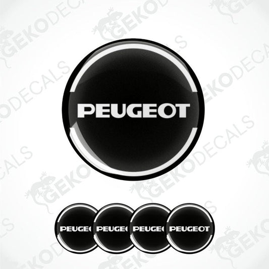 A set of four black and white vinyl decals with the Peugeot car logo.
