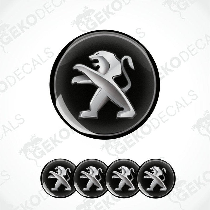 A set of four black vinyl decals with the metallic grey Peugeot standing lion logo in center.