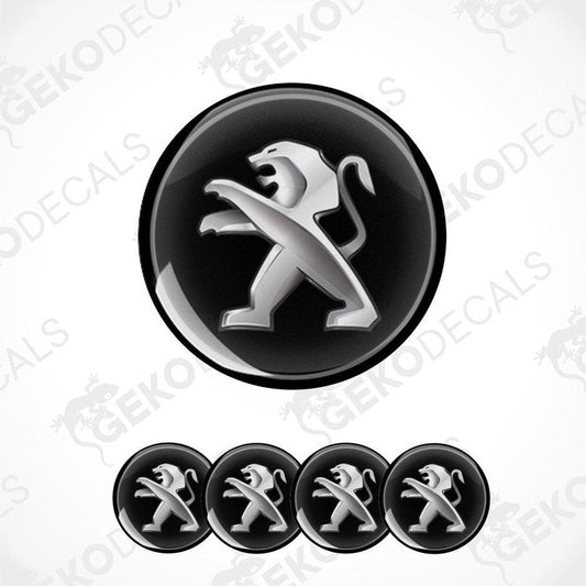 A set of four black vinyl decals with the metallic grey Peugeot standing lion logo in center.