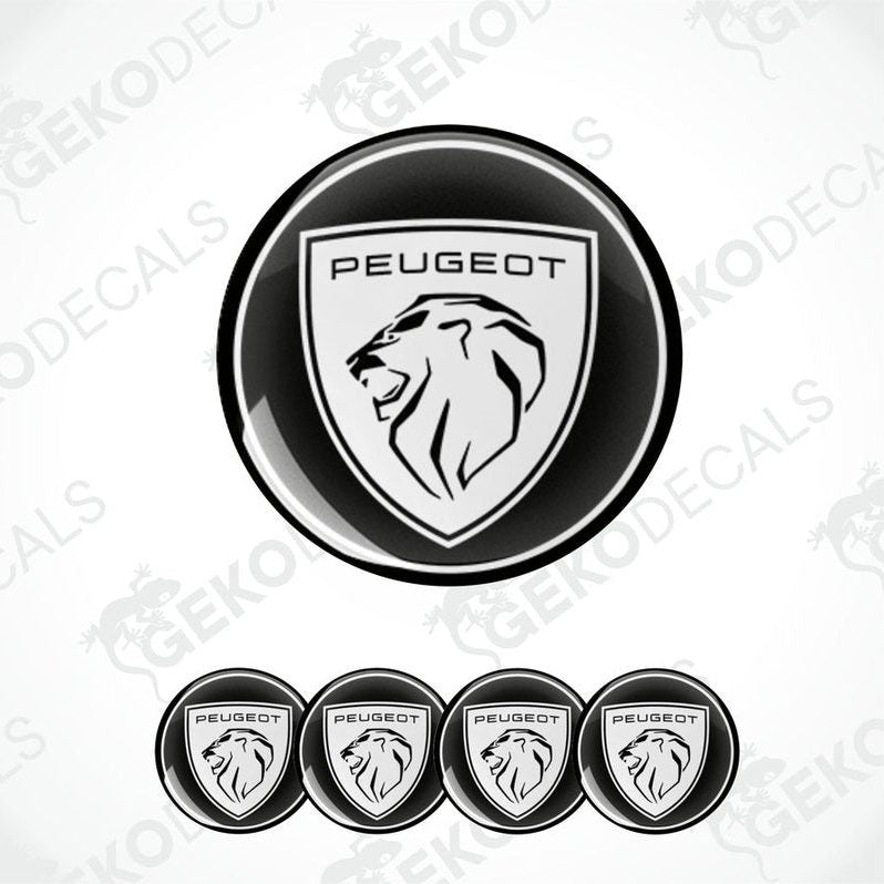 A set of four black vinyl stickers with the PEUGEOT brand logo.