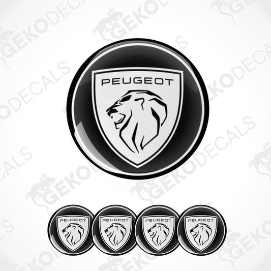 A set of four black vinyl stickers with the PEUGEOT brand logo.