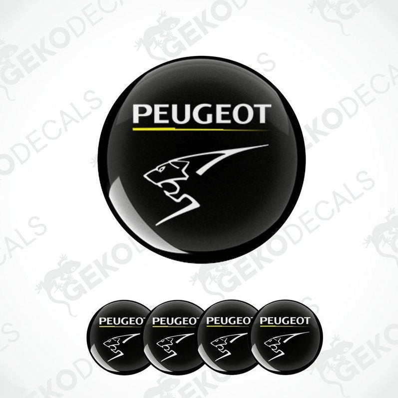 A set of four black vinyl stickers with the PEUGEOT brand logo.