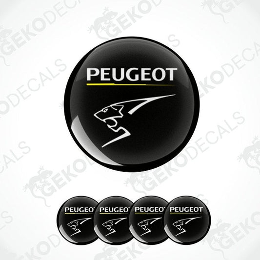 A set of four black vinyl stickers with the PEUGEOT brand logo.