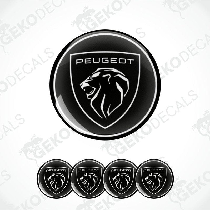 A set of four black and white vinyl decals with the PEUGEOT logo.