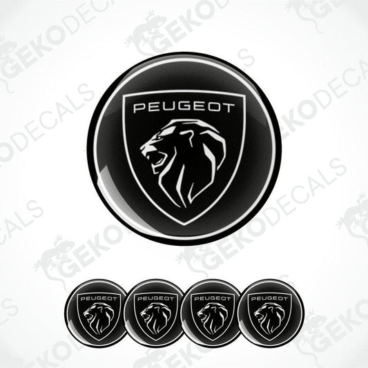 A set of four black and white vinyl decals with the PEUGEOT logo.