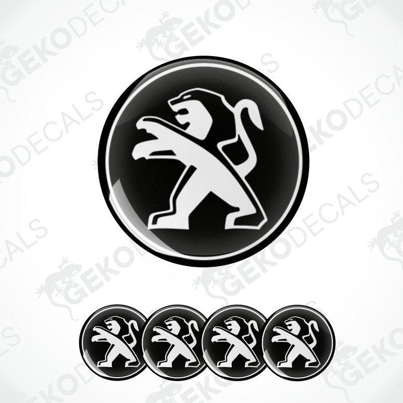 A set of four black and white vinyl decals with the Peugeot car logo.