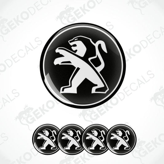 A set of four black and white vinyl decals with the Peugeot car logo.