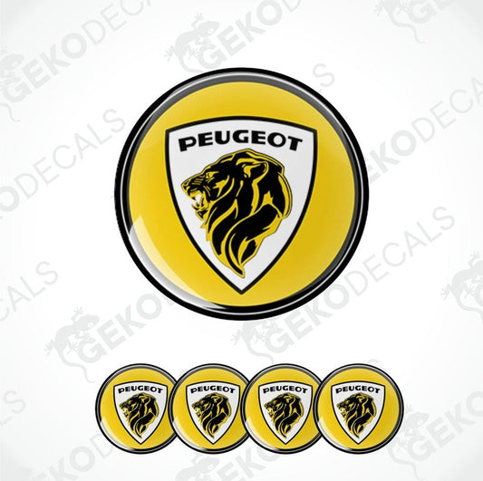 A set of four PEUGEOT branded vinyl decals with a yellow background and black trim. 